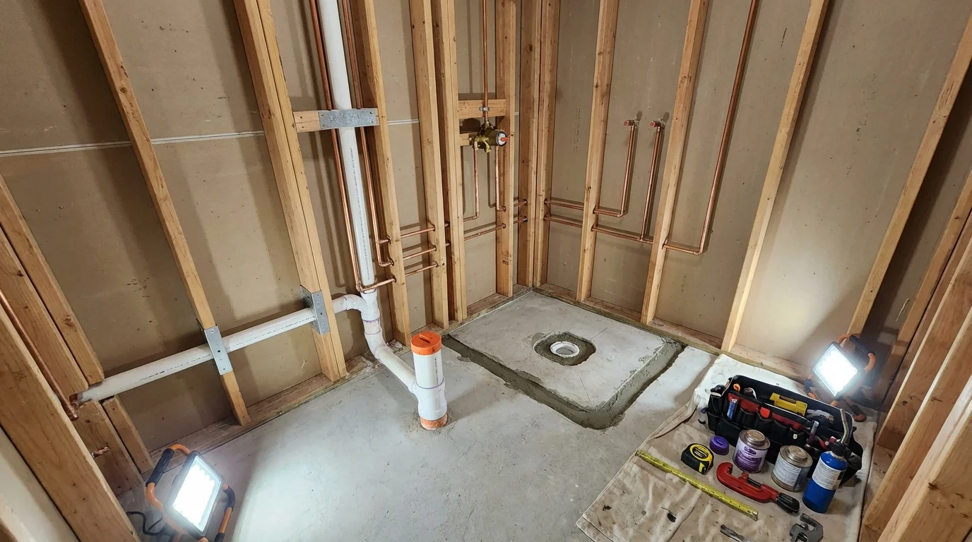 Bathroom rough-in plumbing during remodel by Johns Plumbing LLC in Tonganoxie