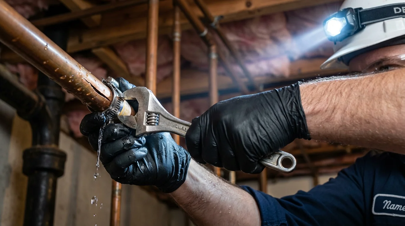 Emergency pipe clamp repair being performed by a Johns Plumbing LLC plumber in Tonganoxie
