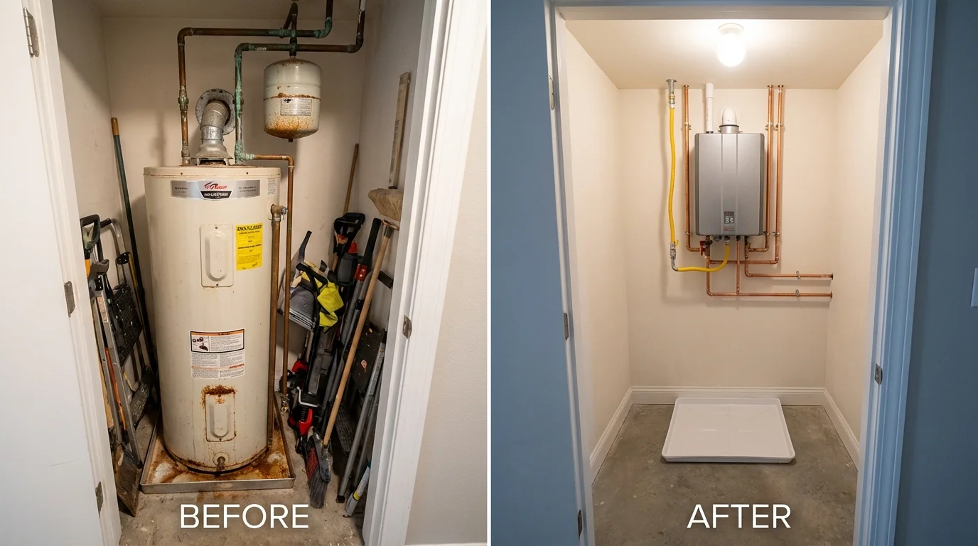 Tank water heater versus wall-mounted tankless unit comparison for Tonganoxie, KS homeowners