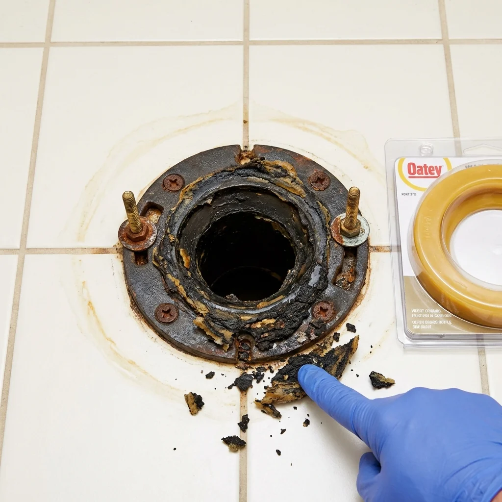 Failed wax ring showing water seepage at the base of a toilet in a Tonganoxie, KS home