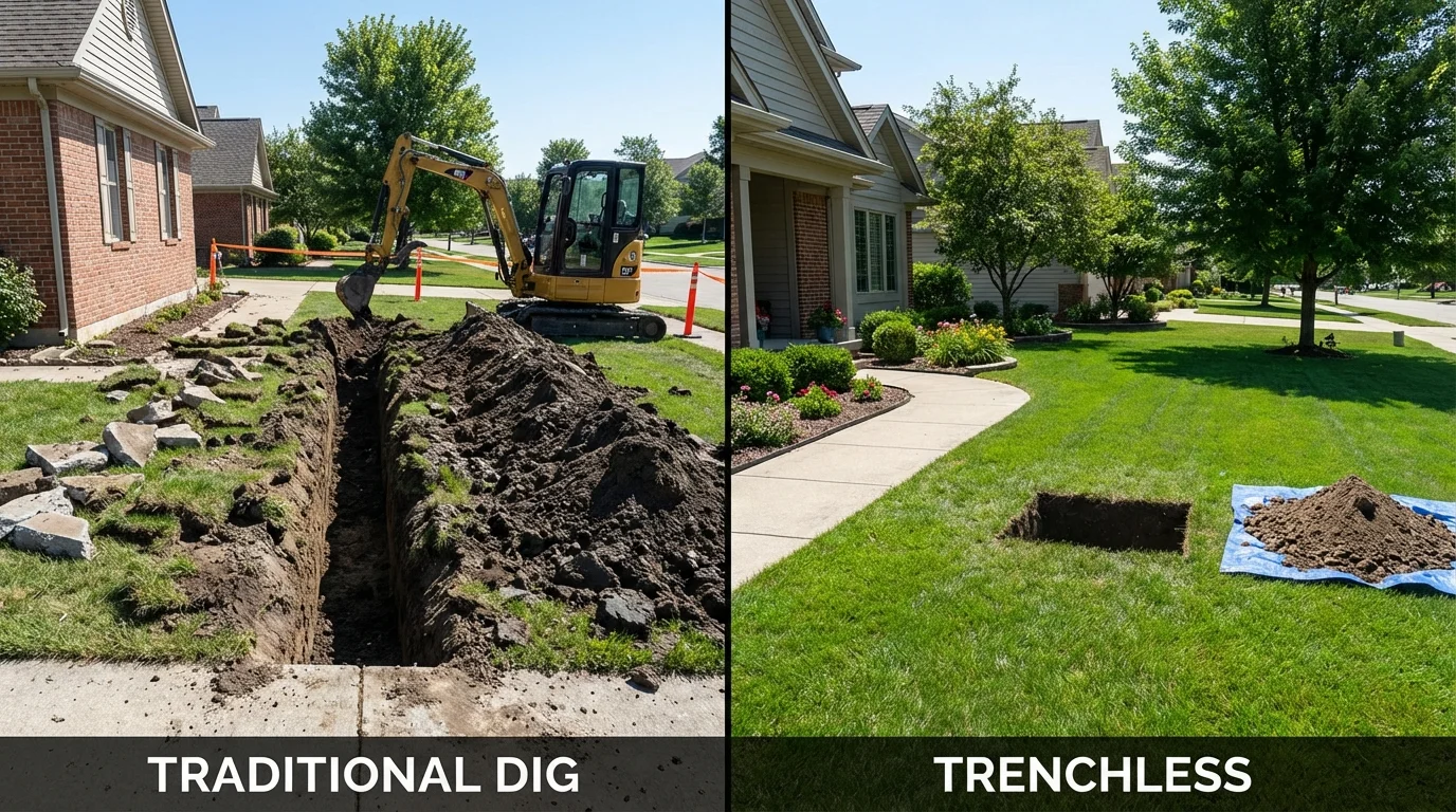Trenchless sewer repair with minimal yard damage versus traditional excavation in Tonganoxie, KS