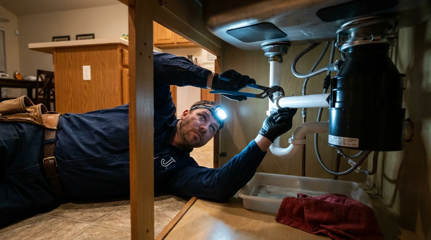 P-trap and supply line connections under a kitchen sink showing a common leak point in Tonganoxie, KS